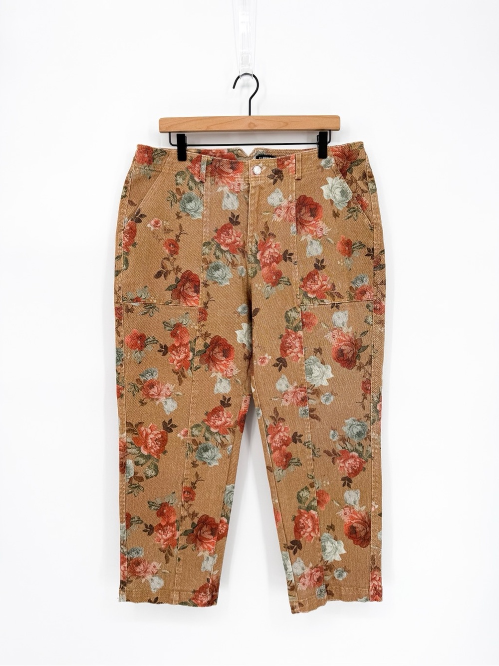 Flamingals Floral Denim Straight Leg Pants Tan Tapestry Roses High Rise 2XL